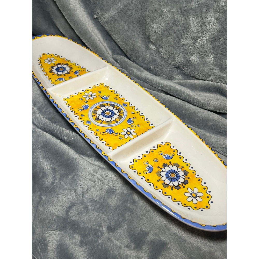 Le Cadeaux Melamine Divided Serving Tray Yellow Blue Floral Majolica 16 Inch